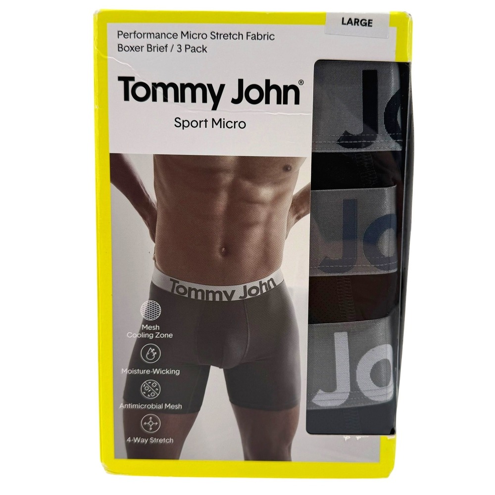 Tommy John Sport Micro Boxer Brief 3 Pack Large Black Grey Performance 6" Inseam